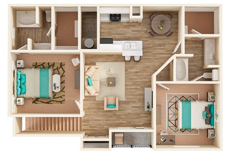 A top-down view of a house layout with a kitchen, living room, and bedrooms.